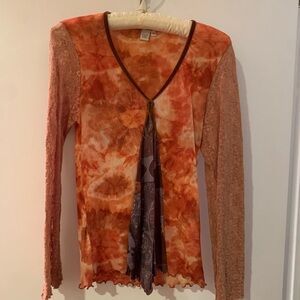 Sweet Pea Orange Boho Top with Lace Sleeves
